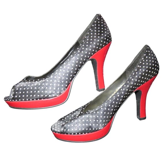 STEVE MADDEN Lexus Black & White Polka Dot Red Heels Retro Chic Peep Toe Heels - Picture 7 of 12